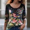 Floral Print Round Neck T-shirt Spring Autumn Casual Long Sleeved Top Women's Clothing Tee Shirts