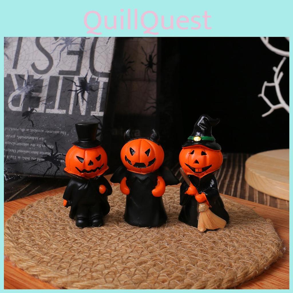 Material Resin Halloween Demon Miniature Figures Decor Set With Pumpkin Broom