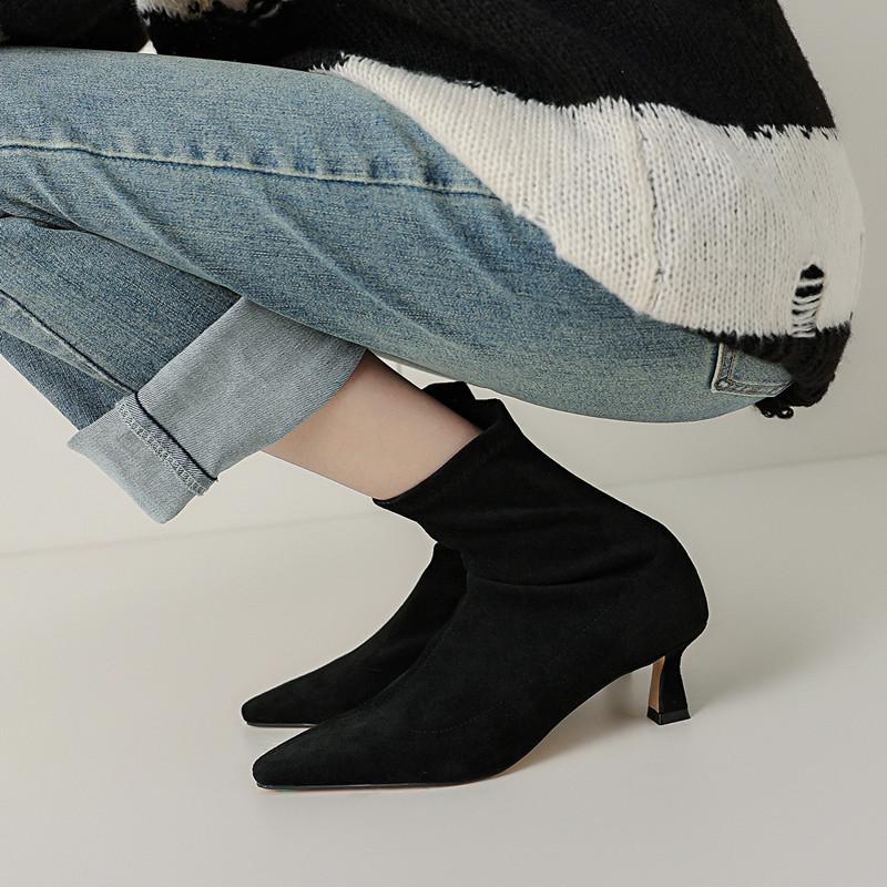 Короткие заостренные сапоги женские ботильоны на каблуке-кошке босоножки на осень и зиму на низком каблуке высокие каблуки европейские товары маленький каблук кофейные носки сапоги тонкие ботильоны