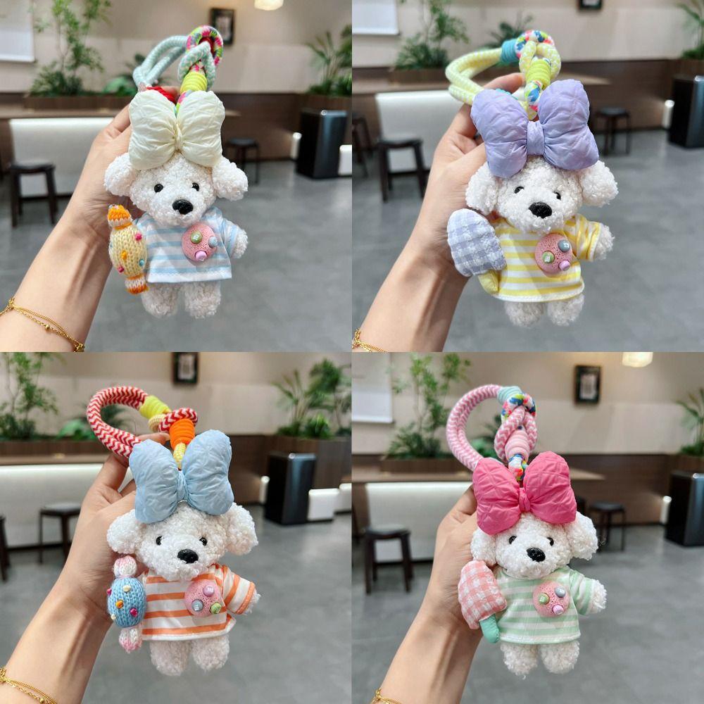 Cute Cartoon Cartoon Dopamine Dog Keychain Striped Top Car Key Ring New Bag Charm Small Gifts