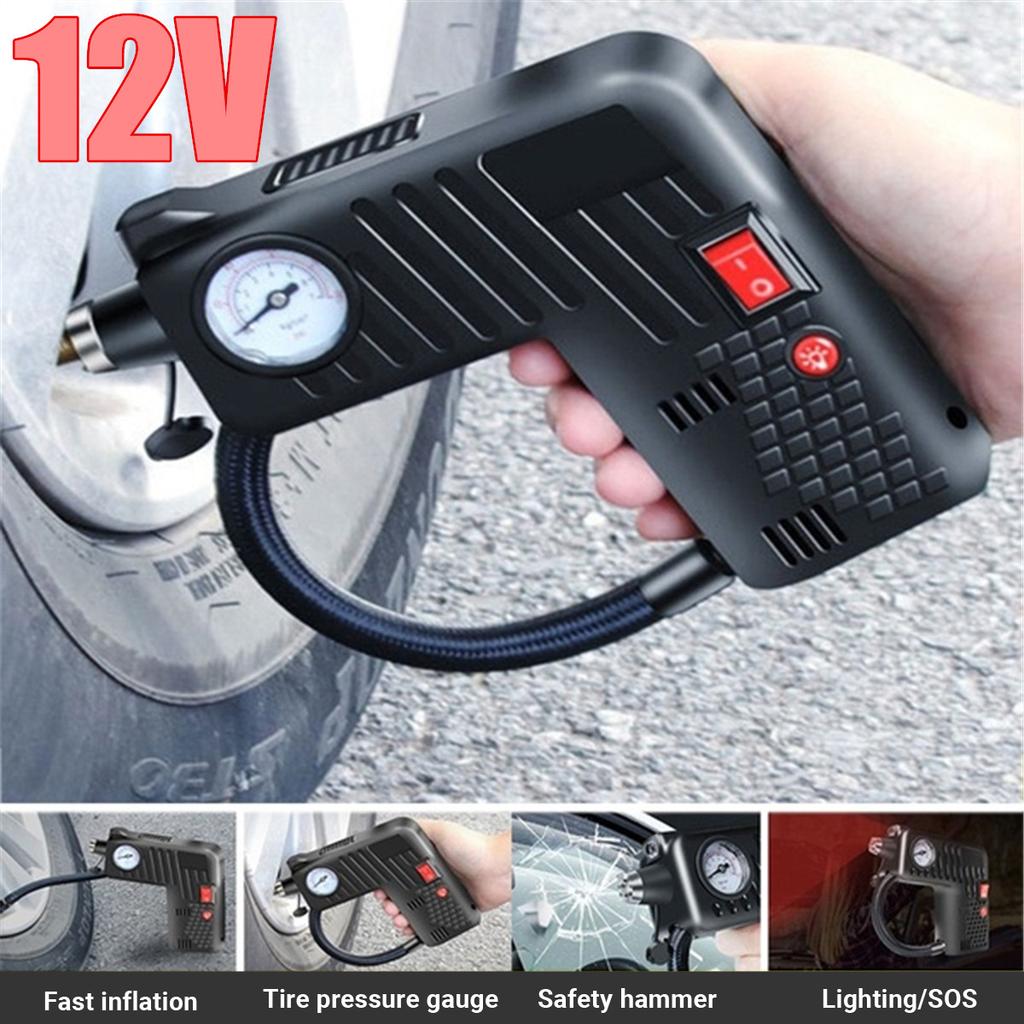 Air Compressor Tire Inflator 12V Car Air Pump with Pressure Gauge Handheld Electric Power Air Pump with Flash Lamp Safety Hammer