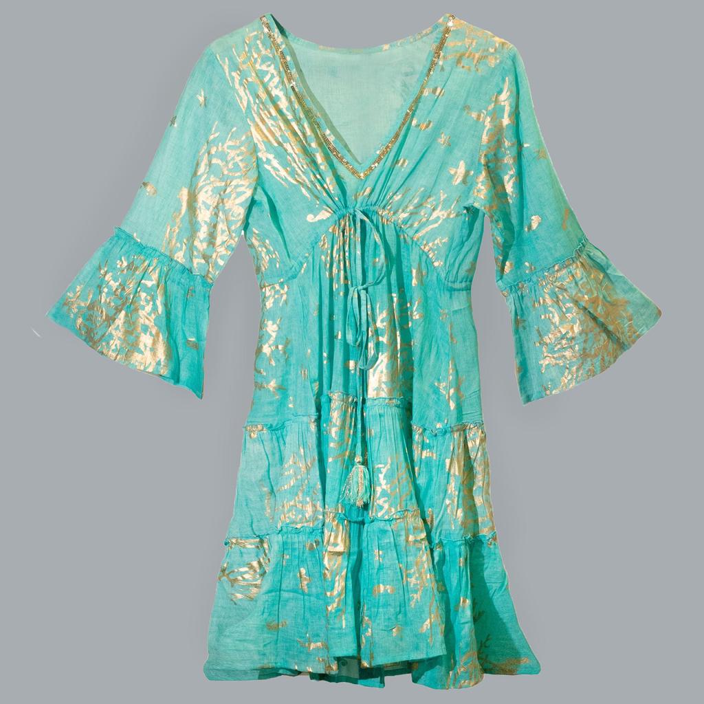Coral Print Dress Turquoise Gold Nomad
