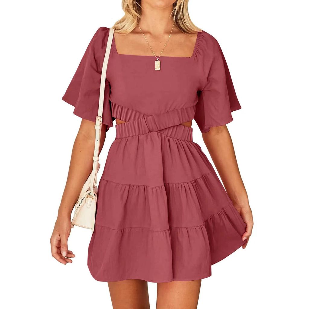 DAFIFY Женская мода на лето и весну, однотонное повседневное платье с коротким рукавом и квадратным воротником с высокой талией