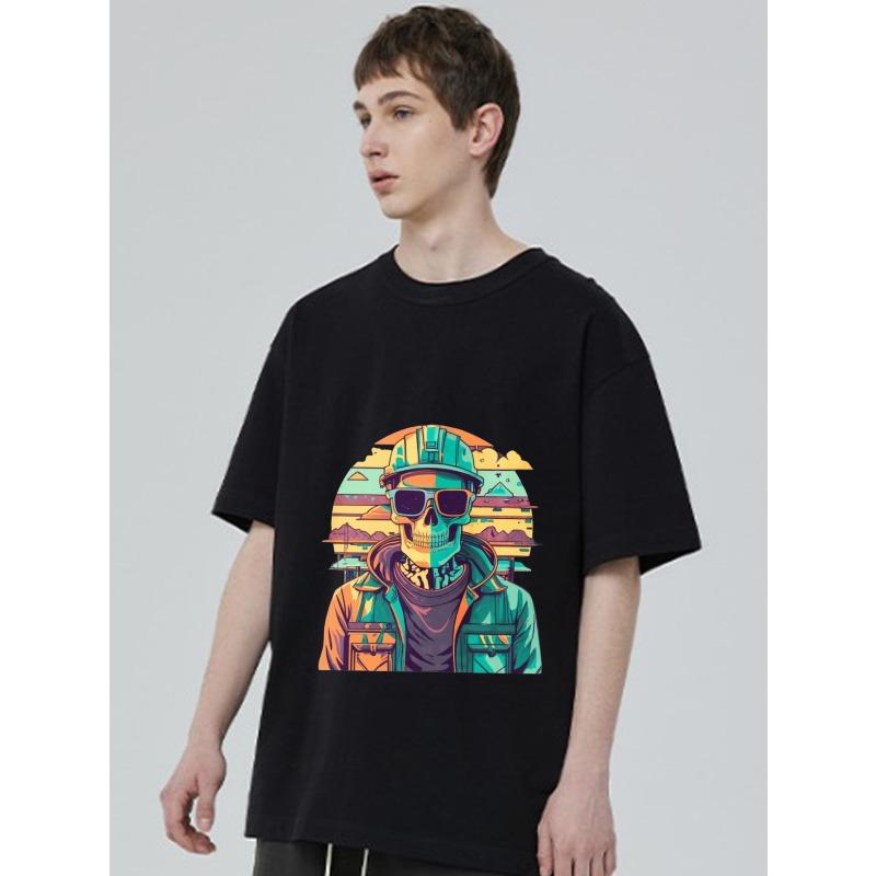 Black T Shirt with Colorful Skull Worker Graphic Print for Casual Wear