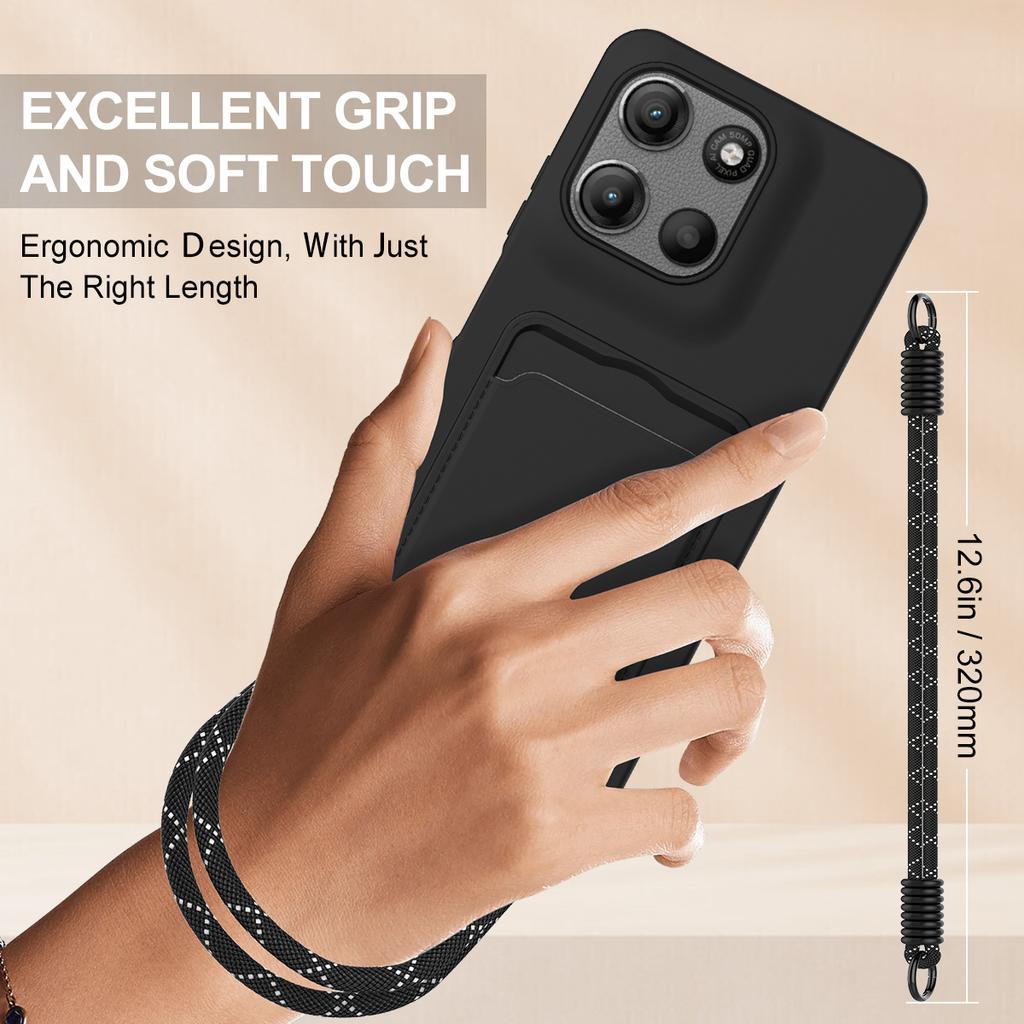 For Motorola Moto G15 Power 4G/G15 4G Liquid Silicone Case Phone Back Cover with Card Holder and Short Strap