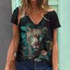 Summer V-neck 3D Animal Tigers Leopards Lions Printed Top Fashionable Casual Short Sleeved Women's T-shirts