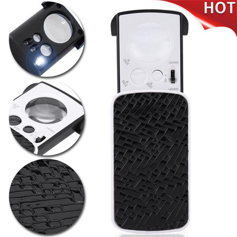 Горячий ! 30X 60X 90X, карманная увеличительная лупа, ювелирное стекло для глаз, петля для лупы со светодиодной подсветкой, 8,5*4,5*2 см