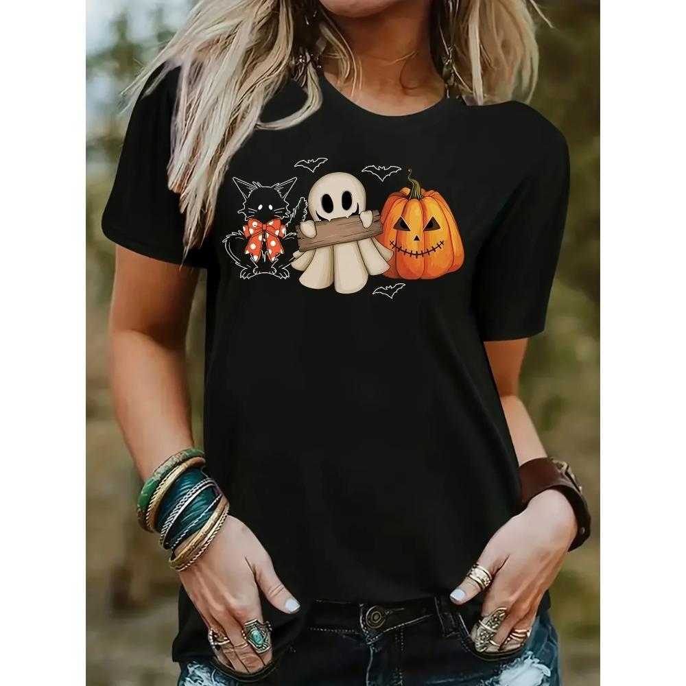 Womens Halloween Black Cat Pumpkin Print TShirt Casual Short Sleeve Round Neck Tee with Spooky Bats Cobwebs Design