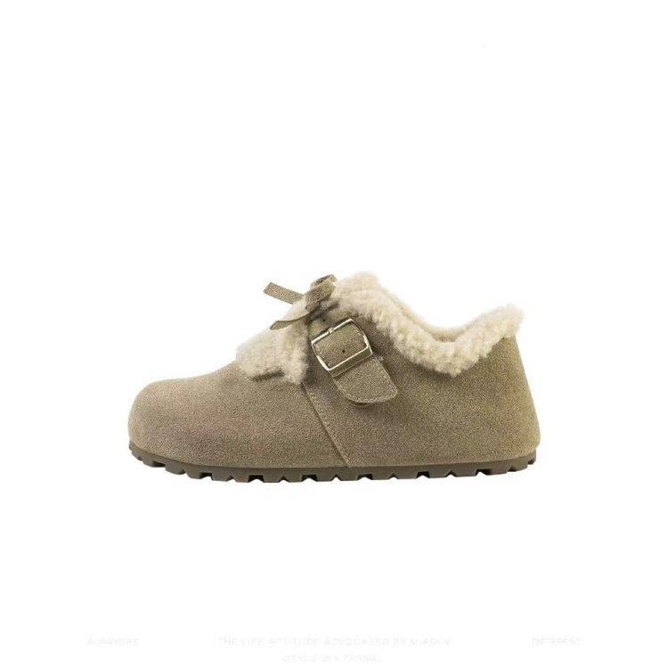 Женские плюшевые туфли Birkenstocks на толстой подошве, зимние новые, на плоской подошве, нескользящие, теплые хлопковые сапоги для снега