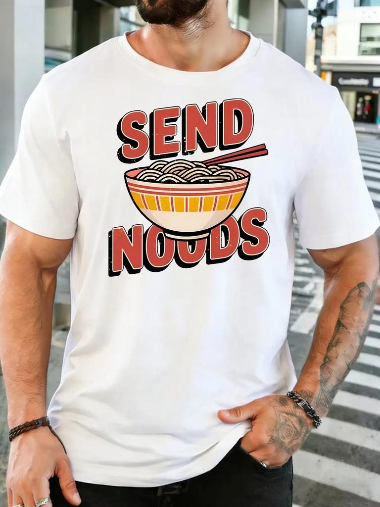 Send Noods Noodle Bowl Retro Slogan Print Unisexs Cotton Crew Neck Tee Short Sleeve Loose Food Casual Daily Street Male Wear Top
