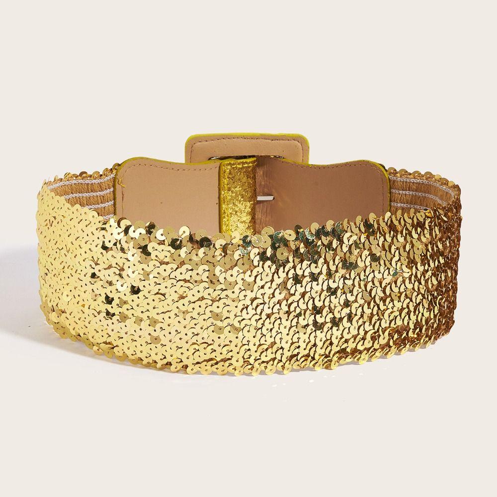 Metal Square Buckle Elastic Cummerbunds Shiny Waist Corset Belts Ladies