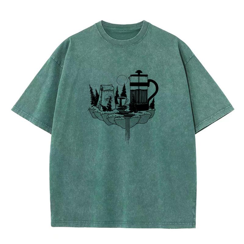 Forest Coffee O Neck Washed Retro T Shirts Christmas Casual Tops Tees Short Sleeve Family Pure Cotton Washed T Shirts Mens