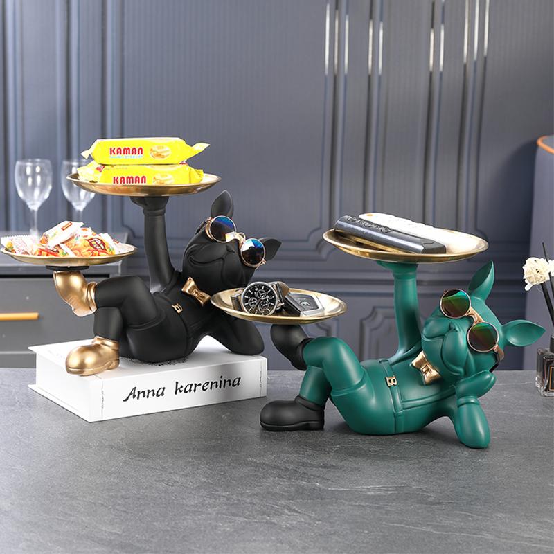 Декоративная статуя собаки из смолы, дворецкий с подносом, стол для хранения, украшение для гостиной, французский бульдог, декоративная скульптура, подарок для рукоделия