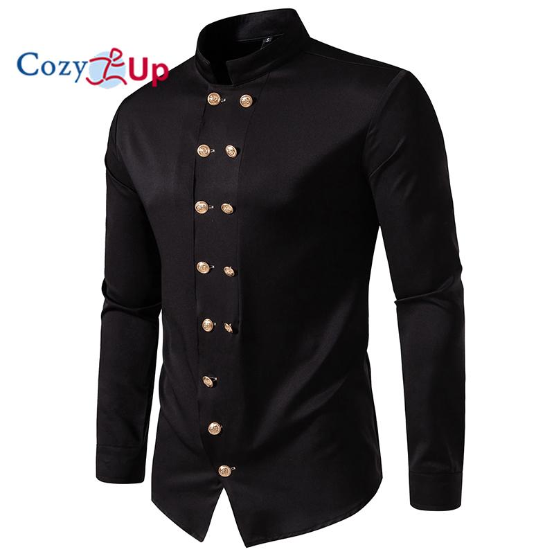 Cozy Up Mens Double Breasted Steampunk Dress Shirts Long Sleeve Punk Rock Gothic Shirt Men Halloween Party Prom Chemise Homme Black 2XL