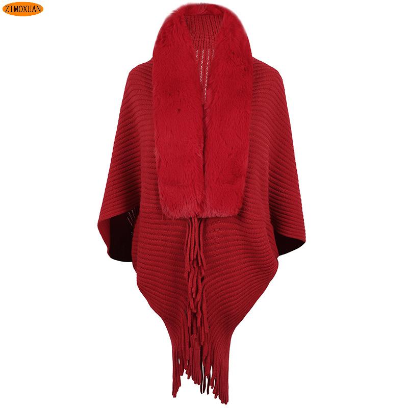 ZIMOXUAN Новое поступление, женская повседневная вязаная накидка с меховым воротником и шалью с кисточками