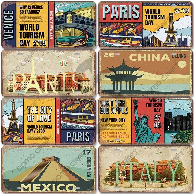 National Landmark Poster Car License Plate Retro France New York Australia Metal Tin Signs Wall Decor Garage Car Club