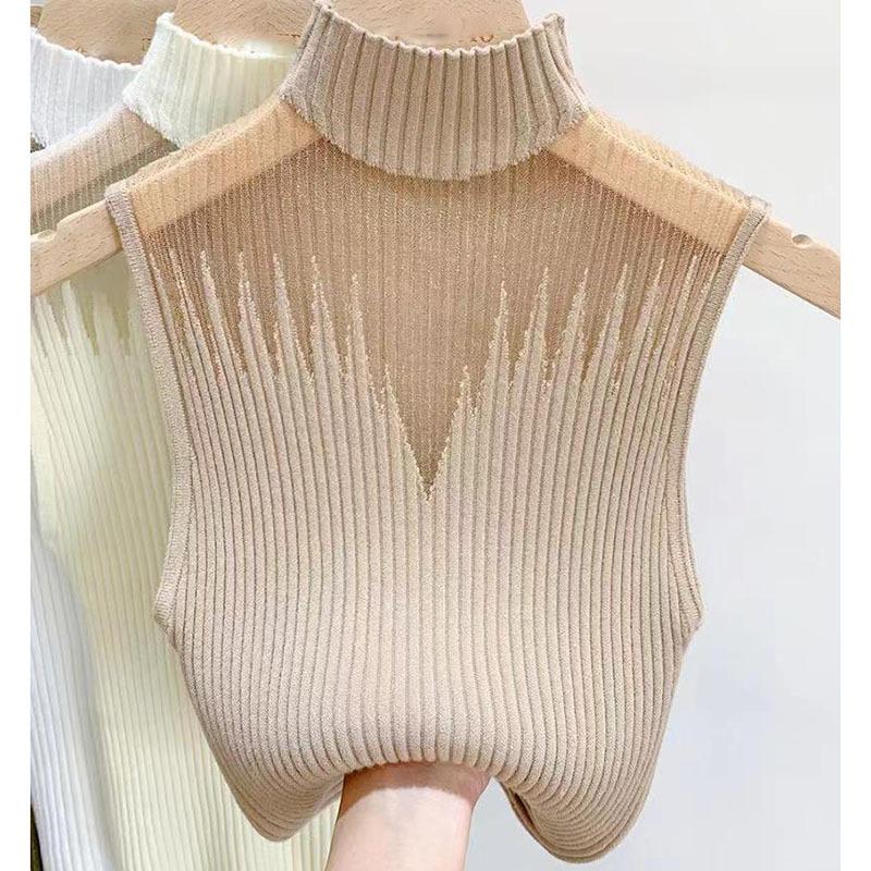 Женская однотонная трикотажная футболка без рукавов скинни, шикарный сетчатый жилет с полувысоким воротом, сексуальный ажурный топ