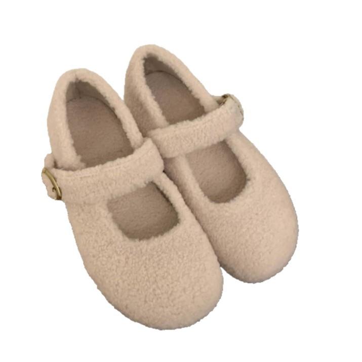 Inner Height Increase Mary Jane Wool Shoes Women's 2025 New One-pedal Lazy Shoes One-word Buckle with Lamb Wool Single Shoes