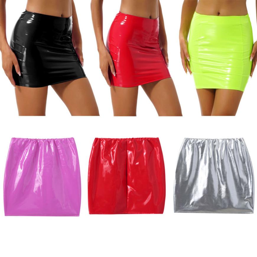 Women Sexy Skirts Glossy Patent Leather Miniskirt Solid Color Elastic Waistband Pencil Skirt Shiny Wet Look Latex Skirt Clubwear