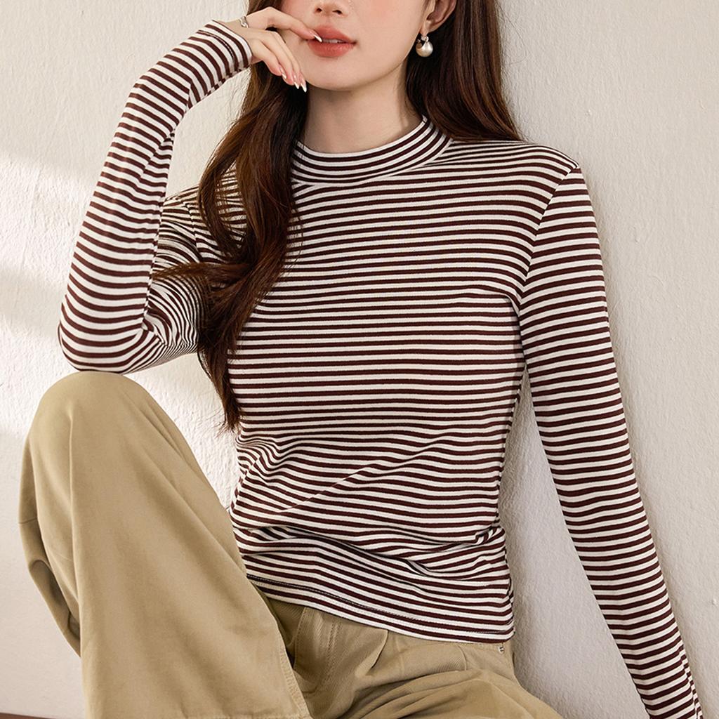 Футболка из хлопка женская с длинным рукавом модная полосатая нижняя рубашка осень и зима новый полувысокий ворот топ