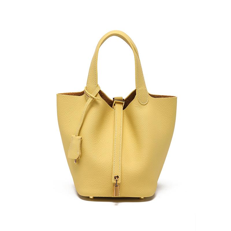 Vegetable Basket First Layer Cowhide Bucket Bag Women's Genuine Leather, Hand Carrying Versatile Work Commuter Women's High-end Handbag