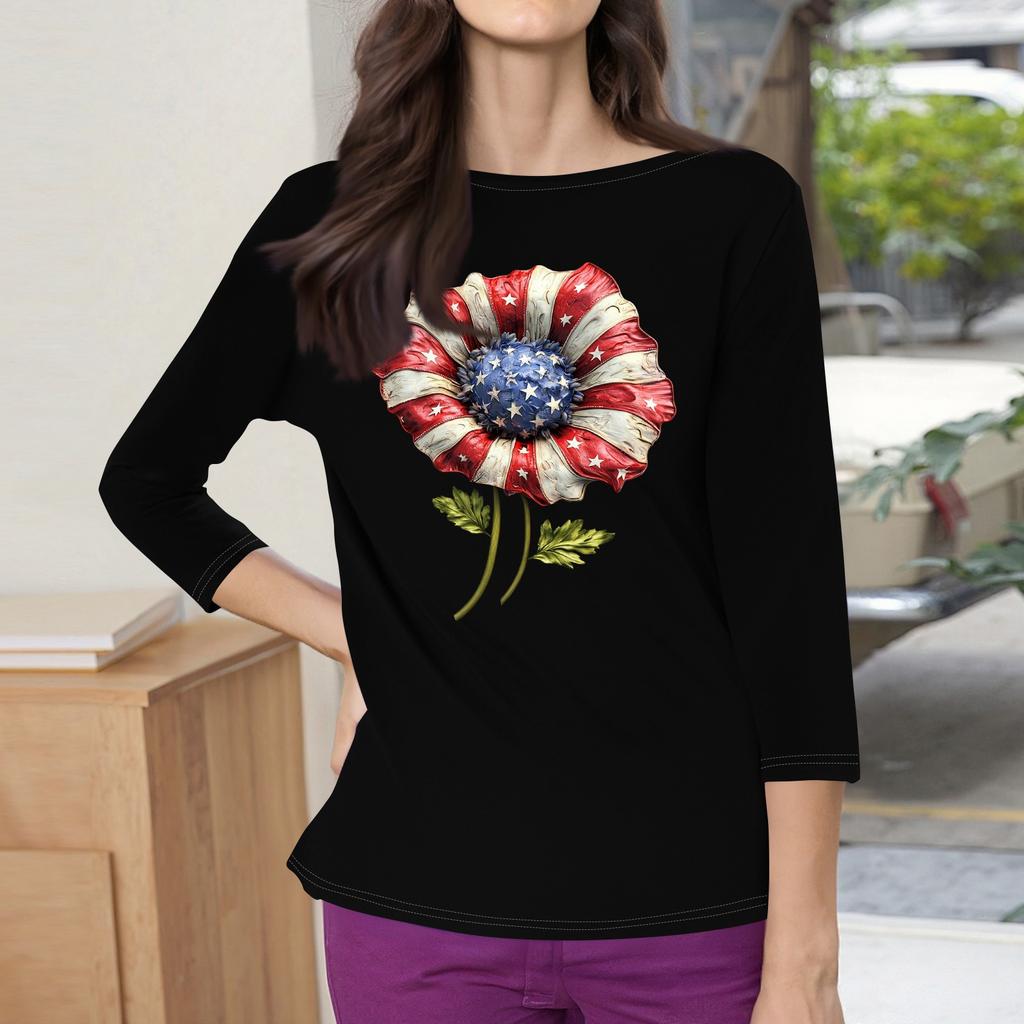 3/4 Sleeve Tops For Women T-Shirt Casual Print Tops T Shirt Round Neck Pullover Blouse