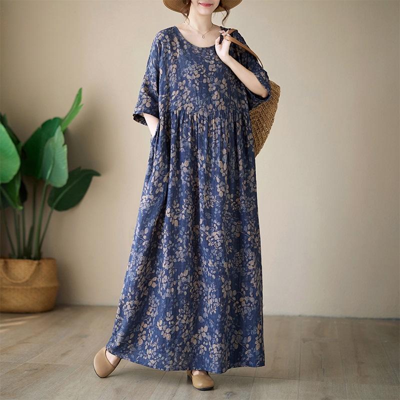 Short Sleeve Plus Size Cotton Vintage Floral New In Dresses for Women Casual Loose Long Summer Dress
