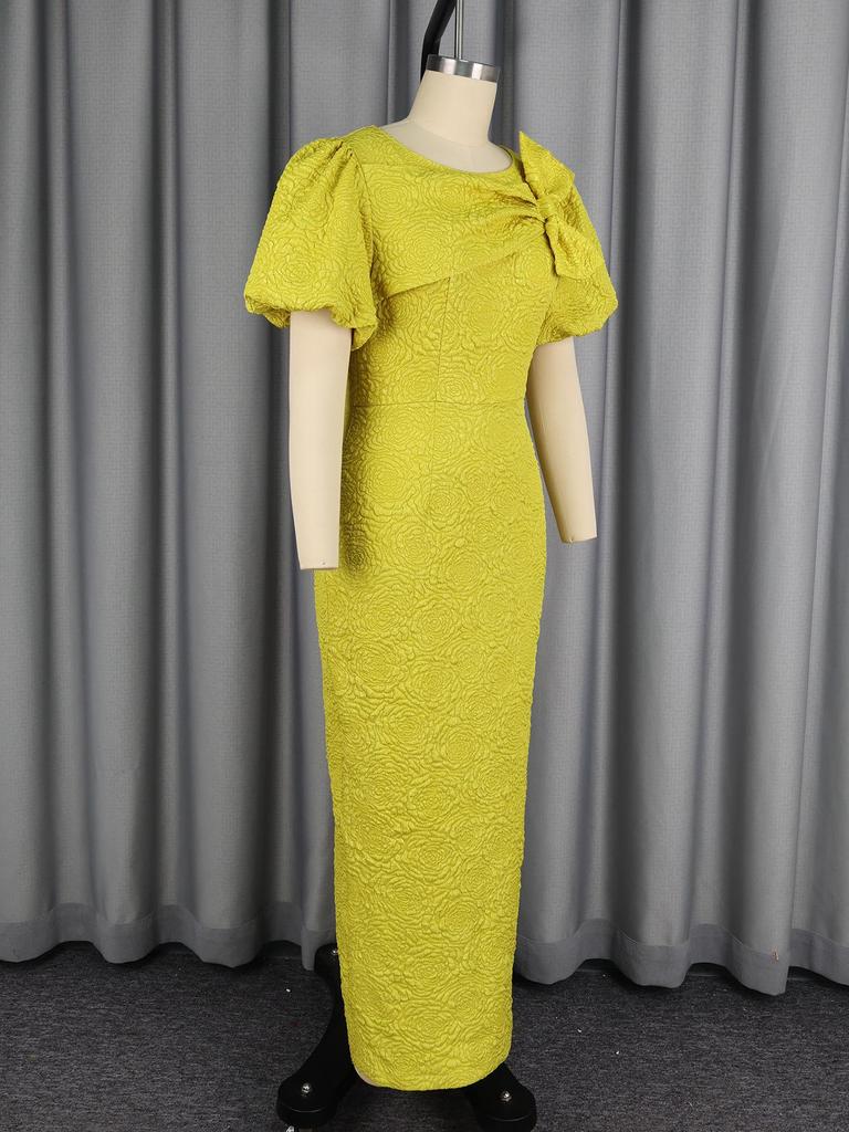 Женское жакардовое платье-футляр с бантом и пышными рукавами для полных, стройнящее, вечернее