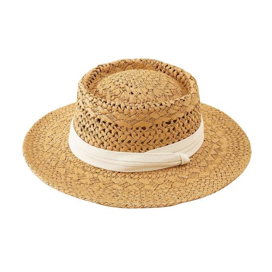 Женская летняя шляпа от солнца соломенная плетеная в стиле ретро в английском стиле с плоским верхом, сплошная цветная шляпа с широкими полями, защита от УФ-лучей, пляжная кепка для отпуска