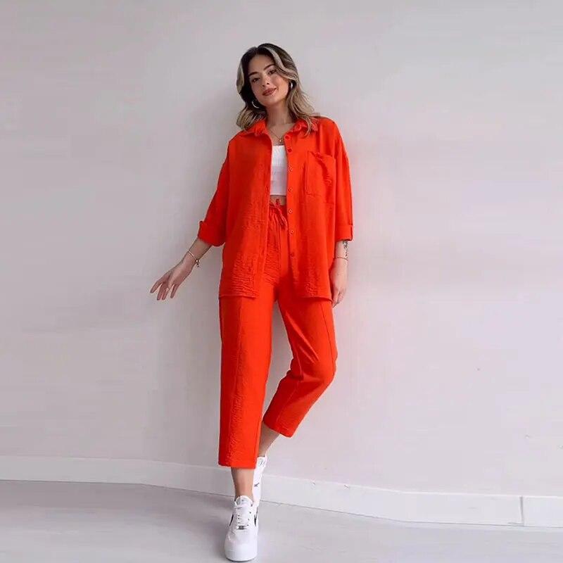 Модный комплект брюк, женские рубашки с длинными рукавами, женский костюм с лацканами, лето 2023, брюки с высокой талией, модные женские костюмы из 2 предметов с завязками