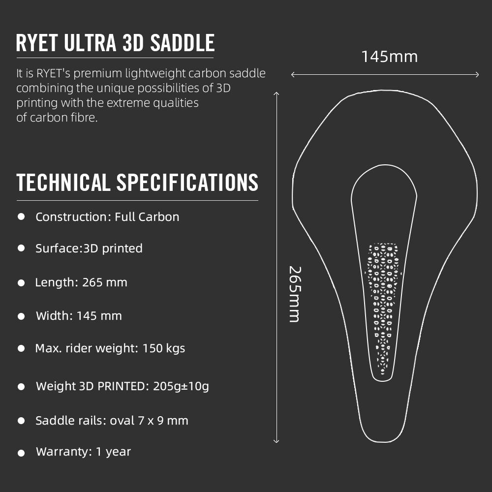 Велосипедное седло RYET Ultra Full Carbon 3D Printed, 205 г, высокомодульное углеродное волокно, основание для седла для горного велосипеда, 145 мм
