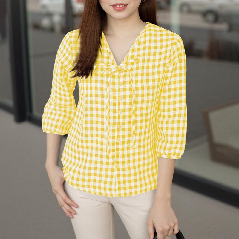 ZANZEA Женская повседневная блузка с V-образным вырезом и рукавом 3/4, свободная клетчатая блузка