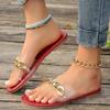 2024 Summer New Women's Slippers Fashion Metal Chain Open Toe Flat Beach Sandals Round Toe Transparent All-match Slides Mujer