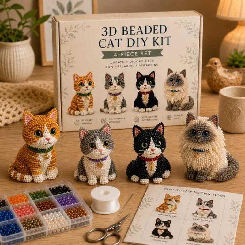 3D Beaded Cat Dog DIY Kit Cute Animal Craft Set with Instructions Handmade Beadwork for Beginners Craft Lovers Gift