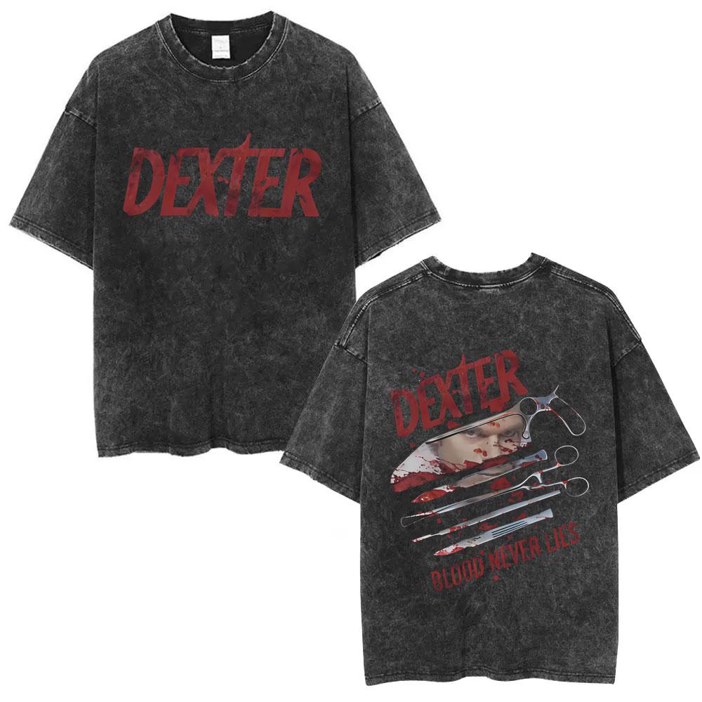 Washed Vintage TV Play Dexter Morgan Face Graphic Tshirt Men Women Casual Cotton Oversized T Shirt Male Classic Gothic Tshirts