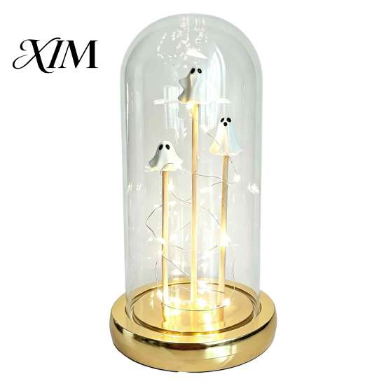 Scary Lighted Sculpture Halloween Indoor Light Up Ghost in Dome Cloche, Cute 3 Mini Figurine Decorative Night with Warm LED for Party Home Table