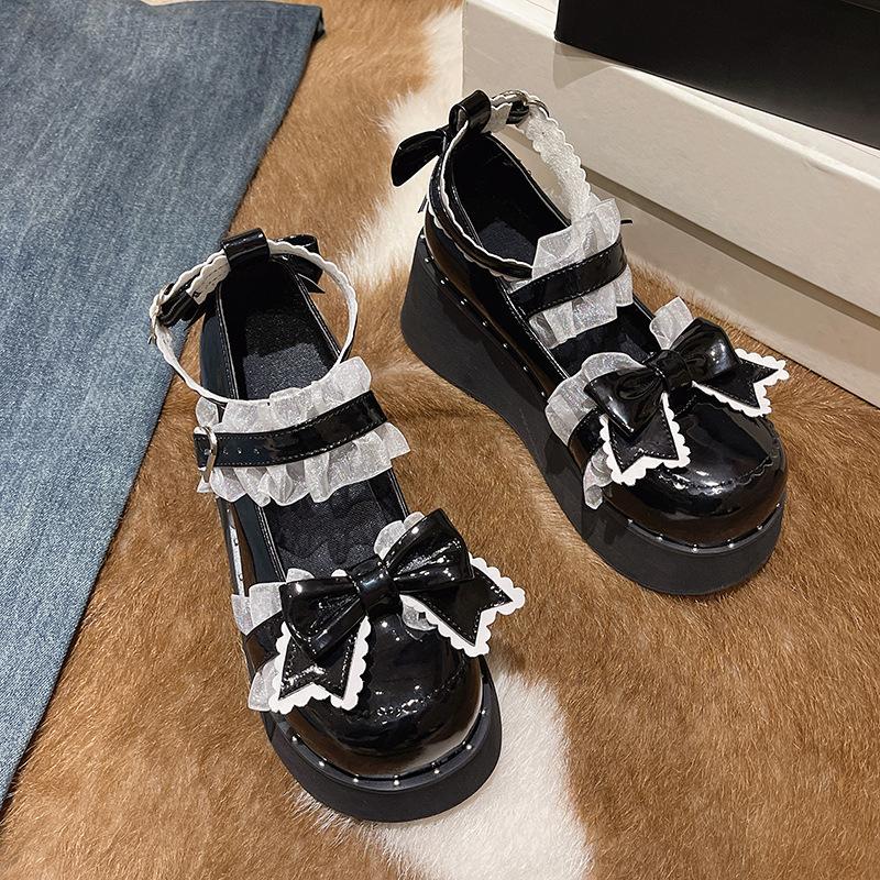 Модные японские каваи панк гот массивные туфли-лодочки на платформе женские туфли на танкетке с бантом Мэри Джейн Лолита женские туфли с ремешком на щиколотке в виде сердца черные туфли
