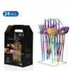 24-Piece Stainless Steel Tableware Set Western Food 4 Main Pieces Portugal Knife, Fork and Spoon with Storage Rack Gift Set