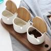 Ceramic Spice Jars Set Wood Lid Bamboo Tray Seasoning Jar with Spoons Kitchen Sugar Salt Spices Storage Container Seasoning Jar