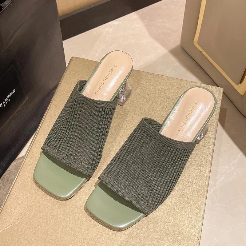 Fashion New Fashion Summer Sexy Women's Transparent Thick Heel SandalsElegant Party Banquet Square Toe Medium Heel Mesh Slippers