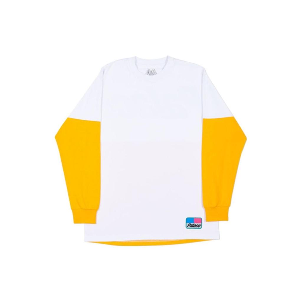 Palace Letter Print Crew Neck Long Sleeve Drop Shoulder T-Shirt Unisex Tops Yellow P14lS029
