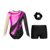 Kids Girls Metallic Long Sleeve Gymnastics Leotard with Shorts Hair Scrunchie Dance Unitard Biketards Dancewear