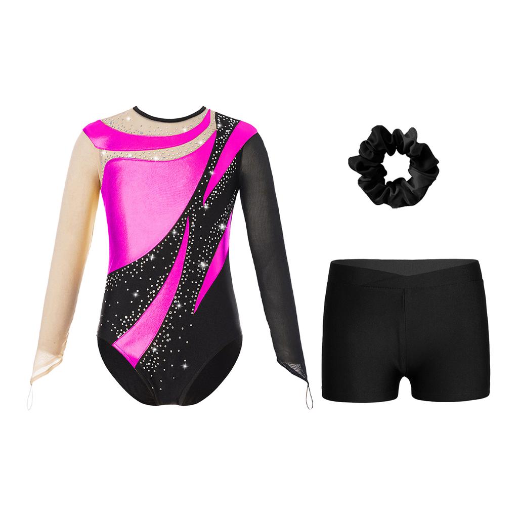 Kids Girls Metallic Long Sleeve Gymnastics Leotard with Shorts Hair Scrunchie Dance Unitard Biketards Dancewear