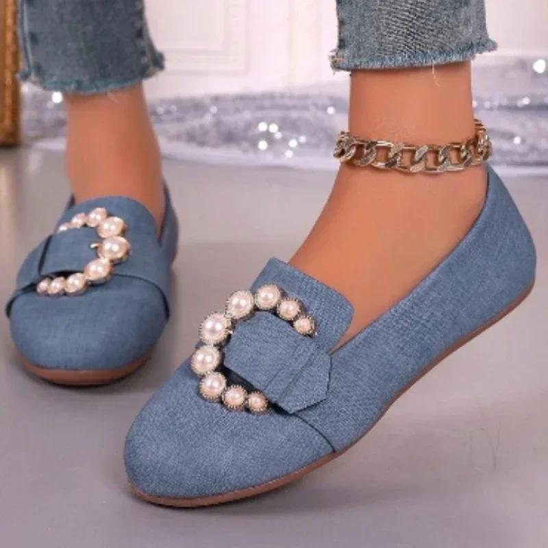 2024 Fashion Shoes for Women Slip On Women's Flats Spring Round Toe Solid Denim Bead Decoration Shallow Mouth Commuting Flats