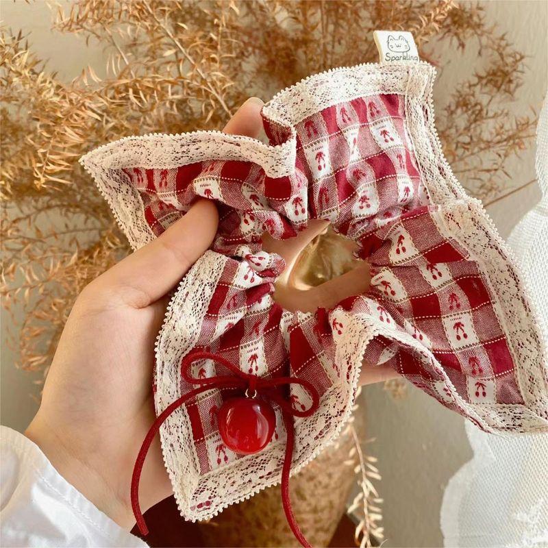 1pc Korean Style Cherry Wind Headband Spring New Red Checkered Cherry Square Scarf Large Intestine Headband