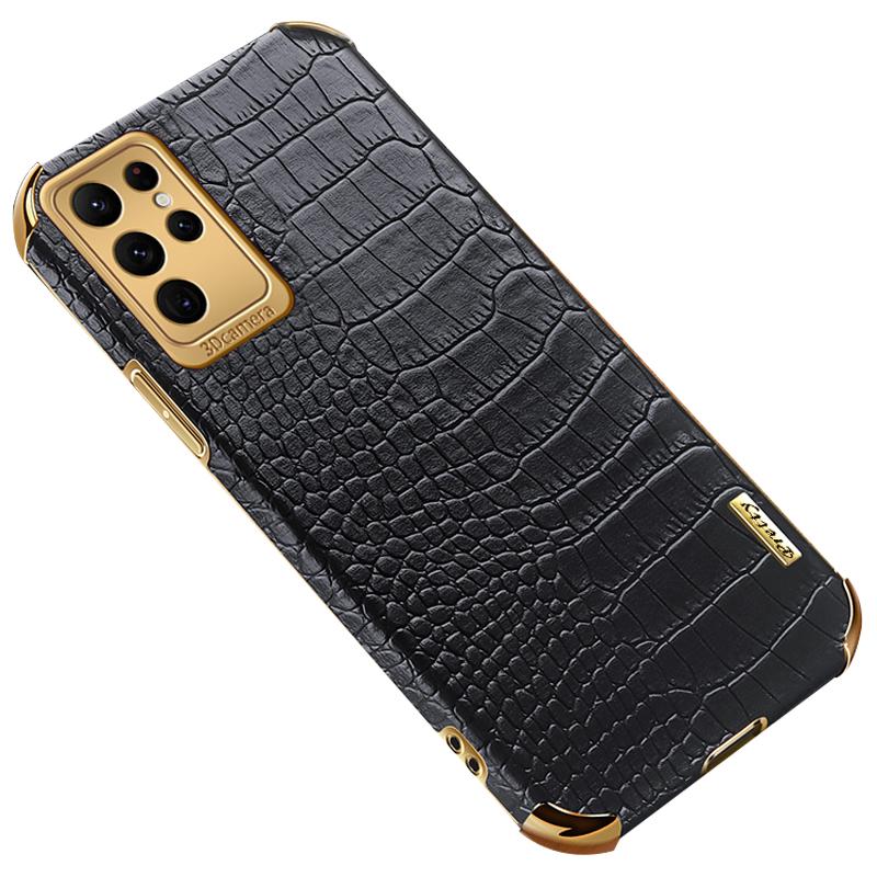 For Samsung Galaxy S24 Ultra Cell Phone Case Electroplated TPU+PU Crocodile Texture Back Cover