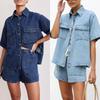 Women Short Pant Set Two Piece Sets Denim Matching Set Turn Down Collar Shirt Shorts Pants High Waist Casual Y2k Streetwear