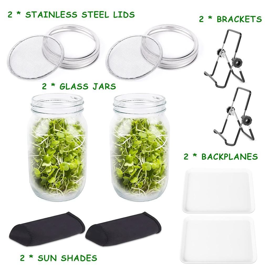 Seed Sprouting Jar Kit with 2 Wide Mouth Mason Jars Durable Bean Sprouts Growing Kit with Stainless Steel Screen Sprout Lids