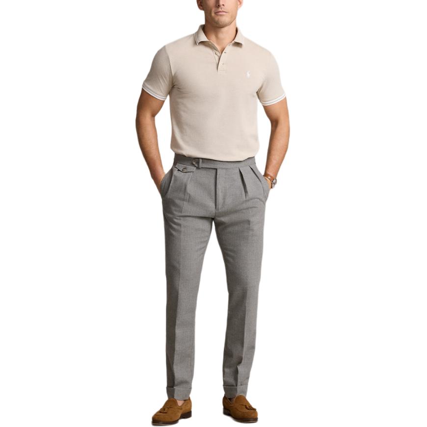 Polo Ralph Lauren SS24 вышитый логотип в полоску приталенная рубашка поло с коротким рукавом мужские рубашки поло пляжно-бежевый MNPOKNI1N822953-250