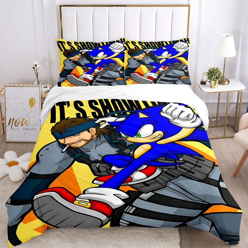 3pcs Sonic vs Metal Gear Solid Character Pattern Bedding Set, 1* Cover + 2*Pillowcases, Printed Bedding Set, Soft and Comfortable, Suitable